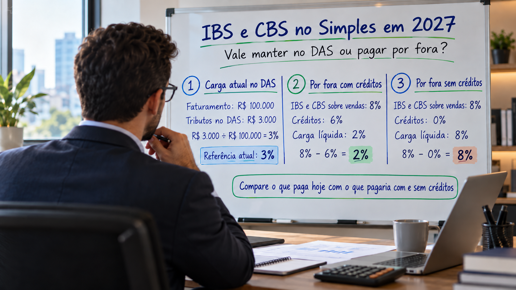 Empresário comparando IBS e CBS no Simples Nacional e recolhimento por fora em 2027, analisando custos, créditos e impacto financeiro